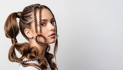 Photoshoot in a fashion studio, portrait of a beautiful girl with long hair, evening hairstyle with braids, hair styling, beautiful healthy shiny thick hair, beauty salon, hairdresser
