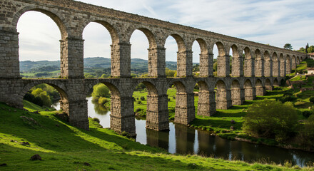 Obraz premium Aqueduct of setúbal view with green grass and reflections in the river during the daytime scenery