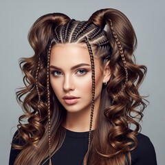 Photoshoot in a fashion studio, portrait of a beautiful girl with long hair, evening hairstyle with braids, hair styling, beautiful healthy shiny thick hair, beauty salon, hairdresser