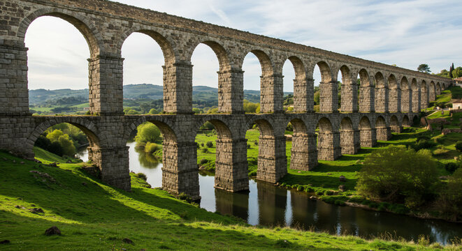 Aqueduct of set&uacute;bal view with green grass and reflections in the river during the daytime scenery