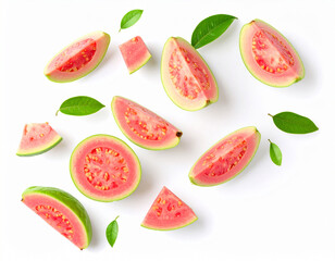 Slices of fresh juicy guava falling on a isolated background