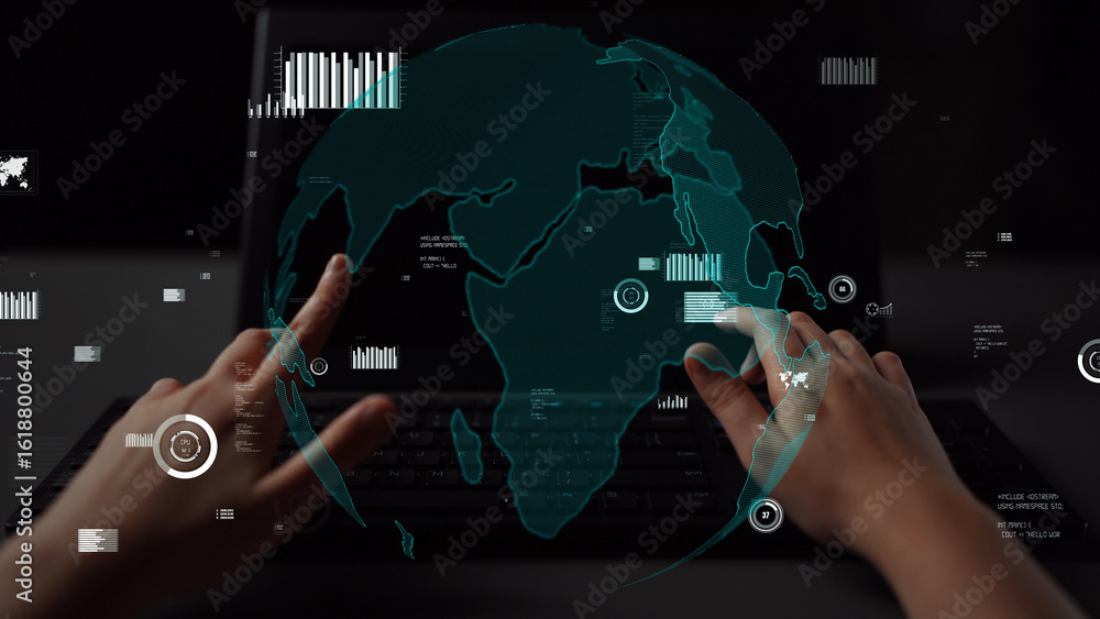 Poster a close-up of hands interacting with a digital globe on a laptop, symbolizing global connectivity an