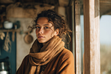 Fototapeta premium Low Level Shot of a woman wearing a winters cloth at cottage in the noon