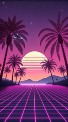 Retro wave wallpaper synthwave background with palm trees and sunset in neon grid landscape hd wallpaper, wallpaper 4k