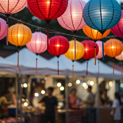 Glowing paper lanterns of various hues create a warm, inviting atmosphere above a busy night market scene