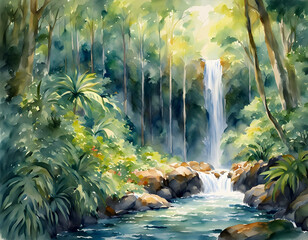Watercolor painting of a serene waterfall, that cascades through a dense, tropical rainforest, surrounded by verdant foliage. Tall trees with slender trunks stretch towards a sunlit canopy