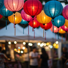 Festive red, orange, blue, and pink lanterns illuminate a vibrant evening market, with soft blurred figures in the background