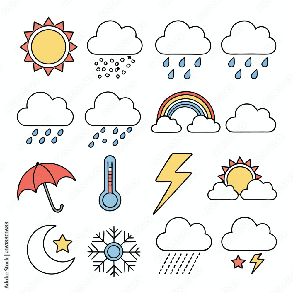 Poster collection of 20 diverse weather condition icons featuring clear graphics for forecasting and meteor