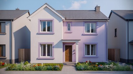 Two story house with flowers and a gray tiled roof