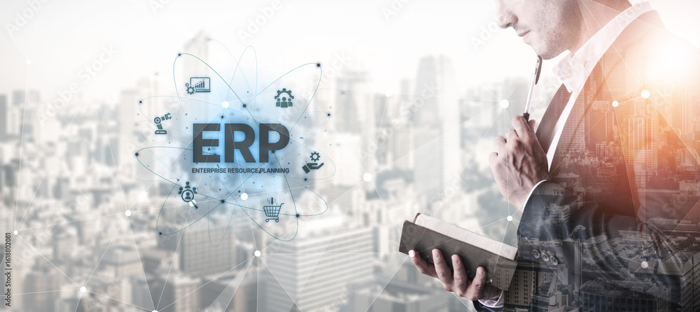 Aufkleber erp platform visual showing centralized system for enterprise resource planning, improving integrati