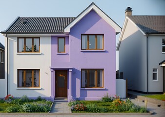 Two story house with white and purple exterior paint