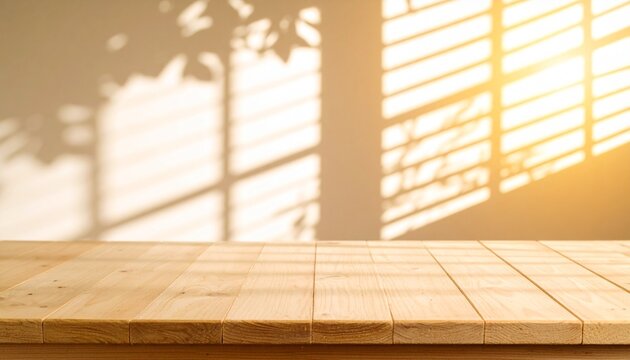 Wooden table surface with sunlight casting shadows from a window and foliage.
