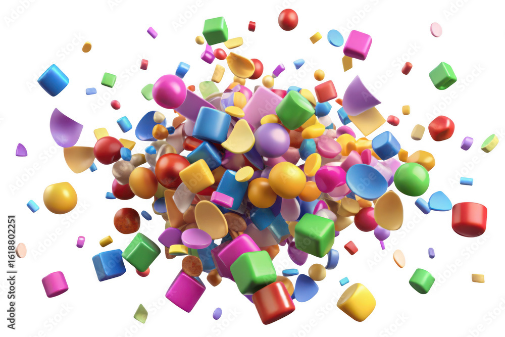 Poster 3d abstract explosion of colorful geometric shapes isolated on transparent background