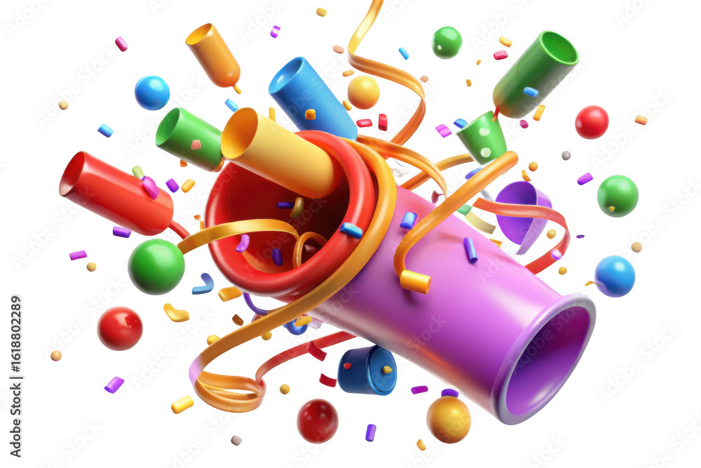Aufkleber 3d party popper exploding with confetti and streamers isolated on transparent background