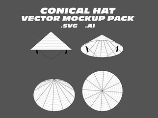 Conical Hat Vector Mockup Pack – Editable vector templates for traditional conical hats, featuring side and top views. Ideal for cultural fashion projects, accessory design, and tech pack creation
