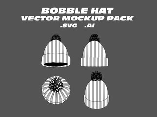 Bobble Hat Vector Mockup Pack – Editable vector templates for bobble hats, featuring front, side, and top views. Ideal for winterwear collections, fashion designers, and accessory tech packs.