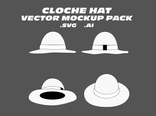 Cloche Hat Vector Mockup Pack – Elegant and editable vector templates for cloche hats, featuring side and top views. Ideal for vintage fashion collections, accessory design, and tech pack development