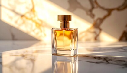 A luxurious perfume bottle sits on a marble surface, bathed in sunlight.