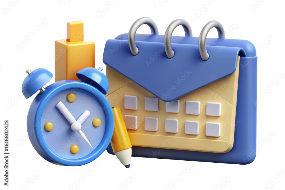 Poster 3d calendar and alarm clock with pen isolated on transparent background