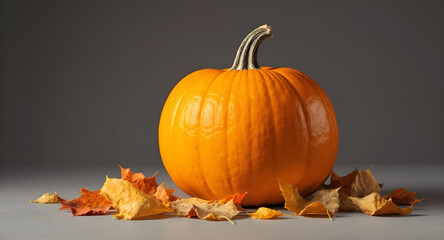 Bright orange Halloween pumpkin surrounded by colorful fall leaves on a clean studio background, ready for autumn designs.