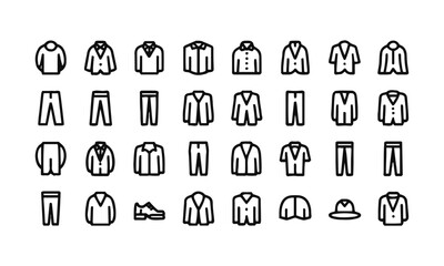 Modern vector illustration of clothing and fashion shirts, pants, suits, hoodies, underwear, ties, shoes, socks, hats, scarves, accessories icons in solid black on a white background,