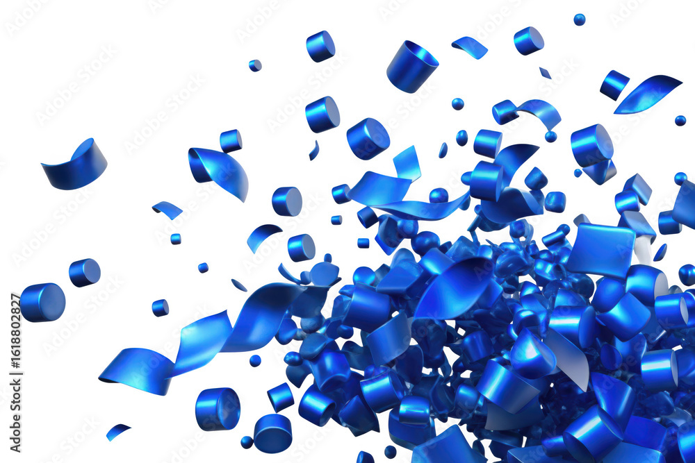 Poster 3d blue metallic ribbons exploding isolated on transparent background