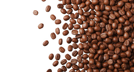 Close-up top view of fresh roasted coffee beans creating a rich brown background texture, ideal for beverage and food ingredient concepts.