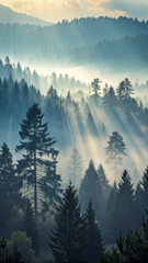 Misty forest landscape with sun rays shining through trees in the mountains during early morning hours hd wallpaper, wallpaper 4k