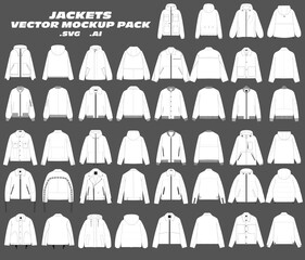 Jackets Vector Mockup Pack – Editable and detailed vector templates for jackets, featuring front and back views. Perfect for streetwear, outerwear collections, and fashion tech packs. 