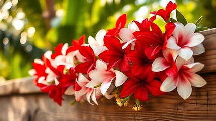 Indonesian Independence Day red white floral garland rustic wood tropical foliage