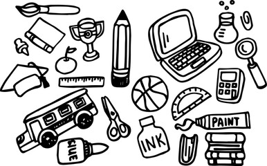 School supplies and learning tools in black and white doodles  
