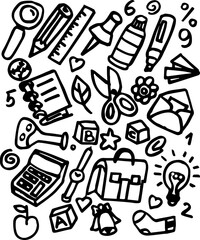 Doodles of school supplies and stationery items in black outline style 
