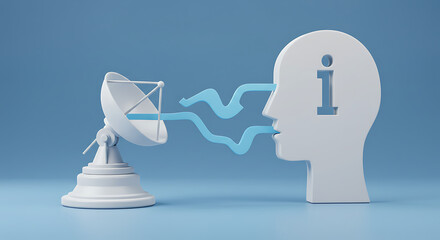A satellite dish transmits information to a human head, symbolizing data reception and knowledge.