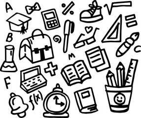 Educational doodles with letters, numbers, and science symbols on white background