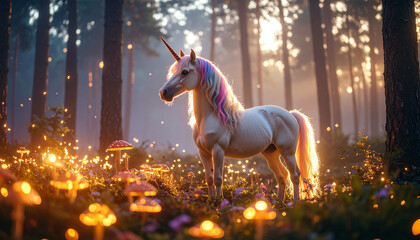 Dreamlike Unicorn Scene with Sparkling Forest Lights