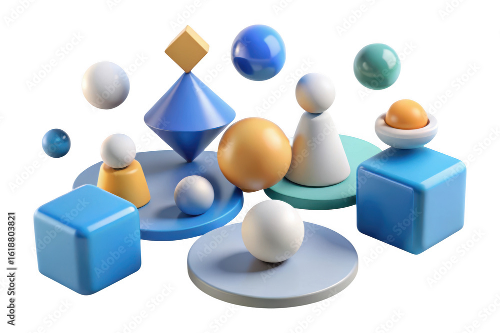 Poster 3d abstract geometric composition with spheres and cubes isolated on transparent background