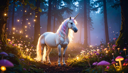 Magical Unicorn in Enchanted Forest at Twilight