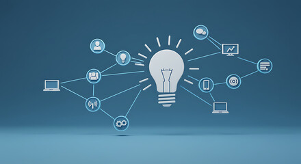 A glowing light bulb representing an idea connected to various technological icons.