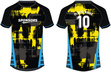Sports jersey t shirt design concept vector template, Grunge texture pattern Raglan Round neck tees football jersey concept with front and back view for Cricket, soccer, Volleyball, Rugby uniform