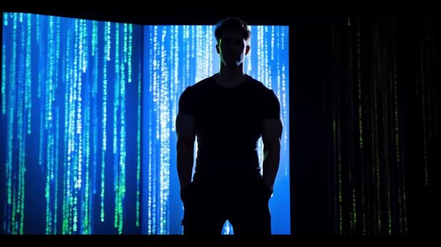 Silhouette of a man against the background of a blinking digital code, modern technologies and their protection from attacks. Computerization of business processes