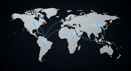Animated world map showing global connections with illuminated location markers and lines.