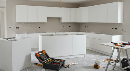 Modern kitchen under construction, white cabinets, tools scattered.
