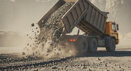 Heavy-duty dump truck unloading gravel onto a dusty road.