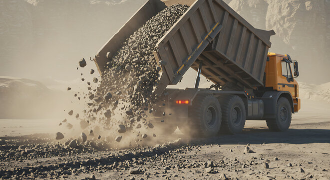 Heavy-duty dump truck unloading gravel onto a dusty road.