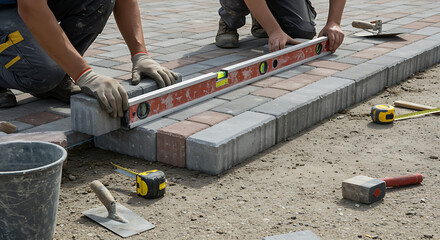 Construction workers using a level to lay paving stones on a patio.
