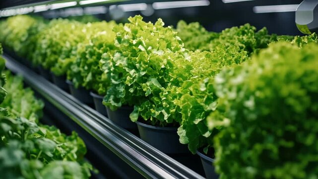Rows of vibrant green lettuce plants in black pots on a shelf under bright lighting