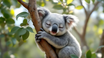 Fototapeta premium Adorable Sleepy Koala. Koala on Eucalyptus Tree. Koala Resting in Tree Canopy. Spiky Forest Dweller