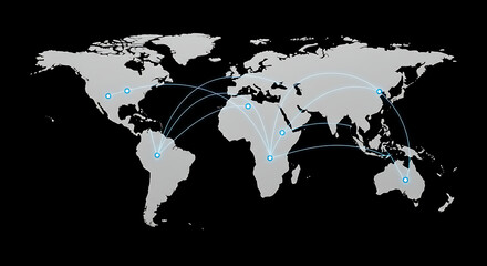 A simplified world map illustrating global connections with light blue circular markers and curved lines.