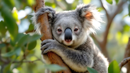 Adorable Sleepy Koala. Koala on Eucalyptus Tree. Koala Resting in Tree Canopy. Spiky Forest Dweller