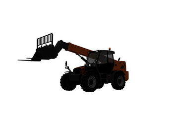 A telehandler with an extended boom and fork attachment, positioned on a white background space